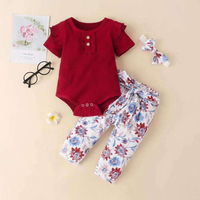 Children's wear solid color pit strip ha clothes broken flower pants three piece set