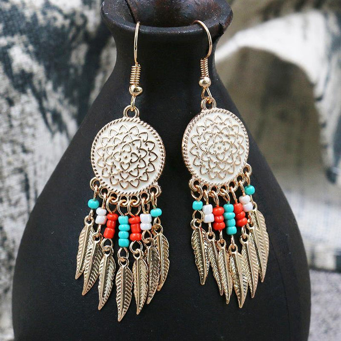 New Alloy Disc Carved Rose Long Rice Bead Leaf Earrings