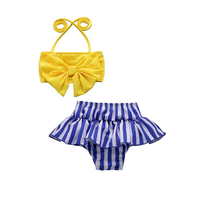 Suspender bow top striped briefs split swimsuit