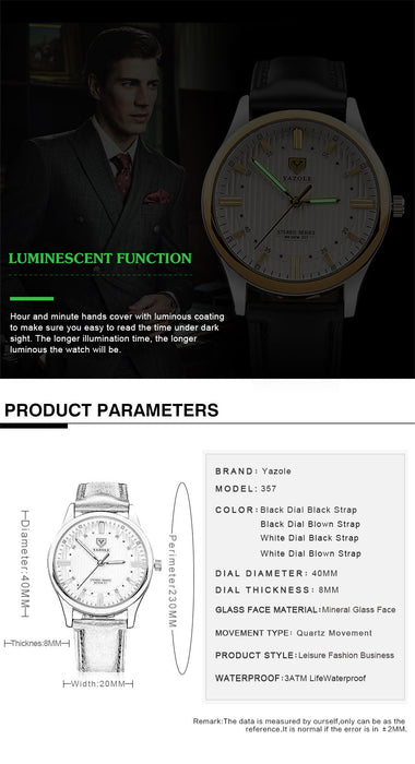 Yazole Watch Business Men's Watch Unique Luminous Leisure Leather Watches Fashion Quartz Watch