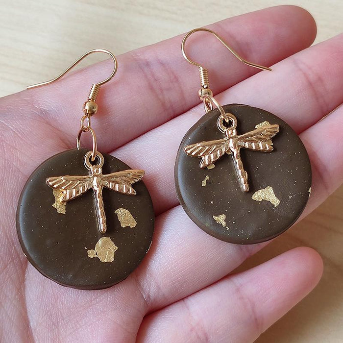 Handmade Dragonfly Gold Foil Advanced Vintage Round Soft Pottery Earrings