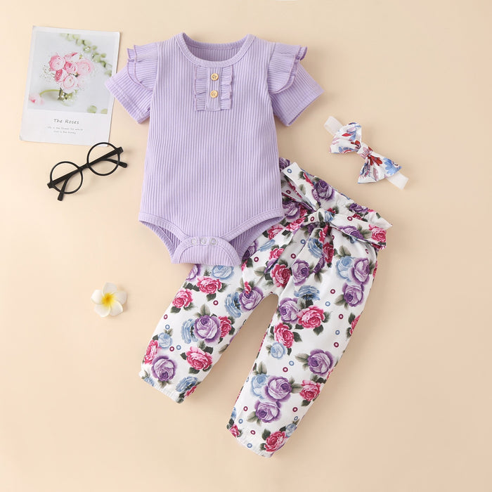 Children's wear solid color pit strip ha clothes broken flower pants three piece set