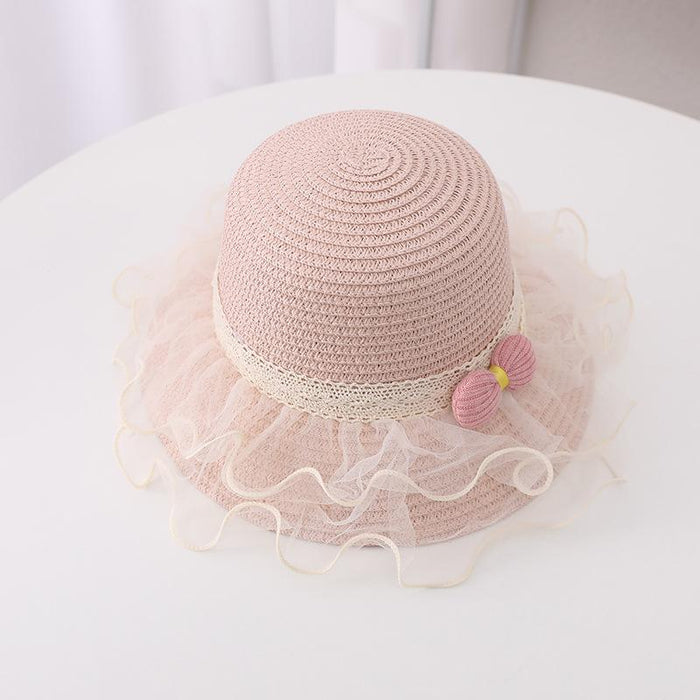 Summer Children's Lace Bow Grass Bucket Hat Bag Set