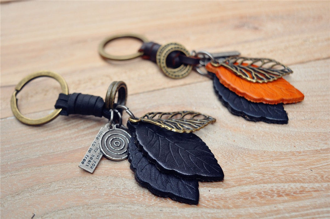 Creative key chain men's and women's small gift leather leaf Vintage woven key chain