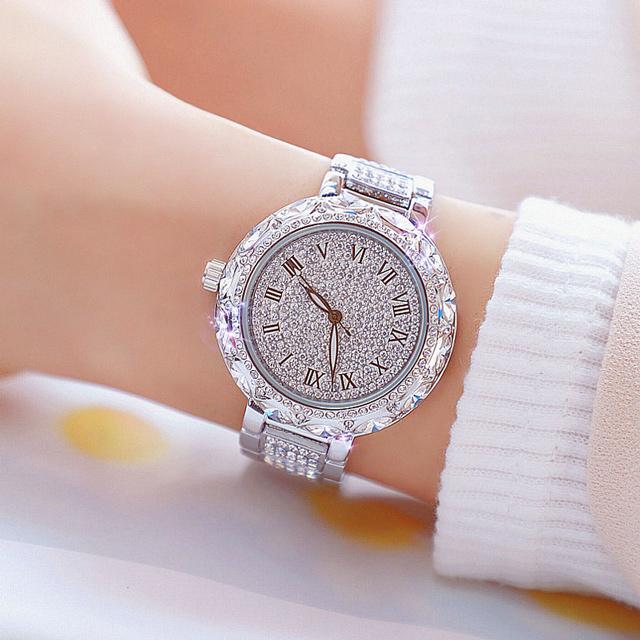 Fashion Stainless Steel Rhinestone Crystal Ladies Quartz Watch Dress Clock