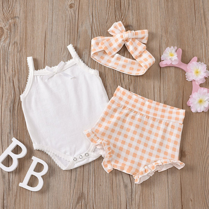 Girls' suspender plaid shorts three piece set