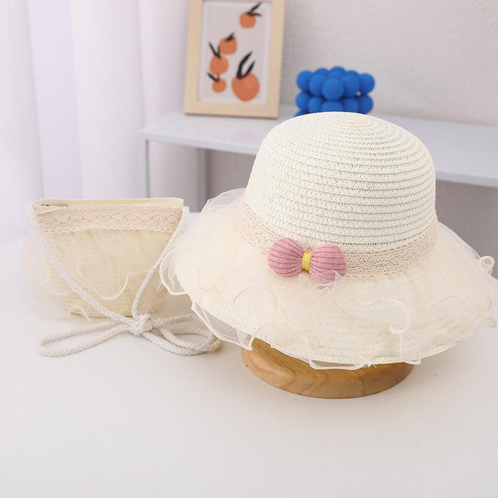 Summer Children's Lace Bow Grass Bucket Hat Bag Set