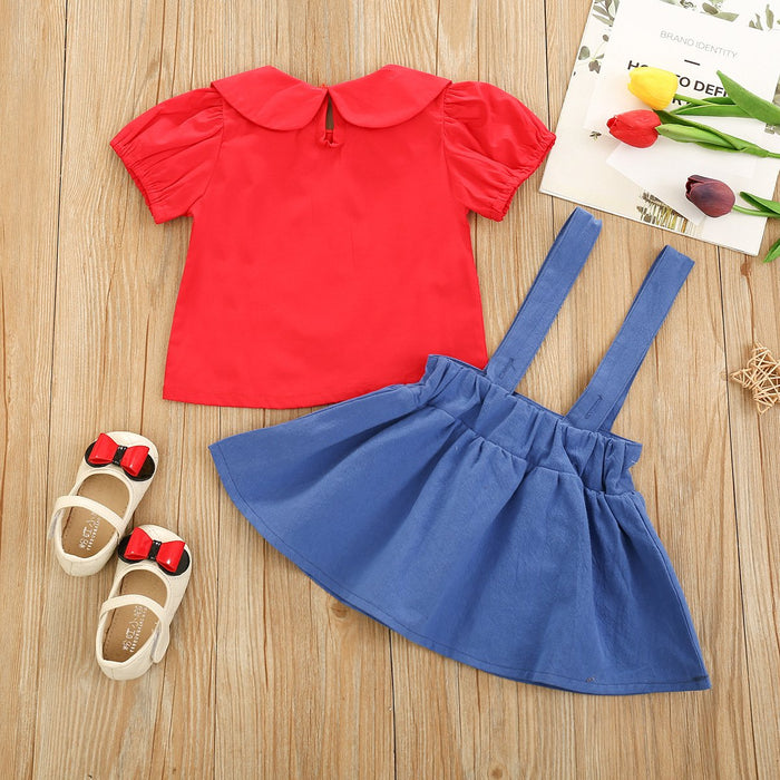 Solid color Short Sleeve Ruffle collar top denim strap skirt