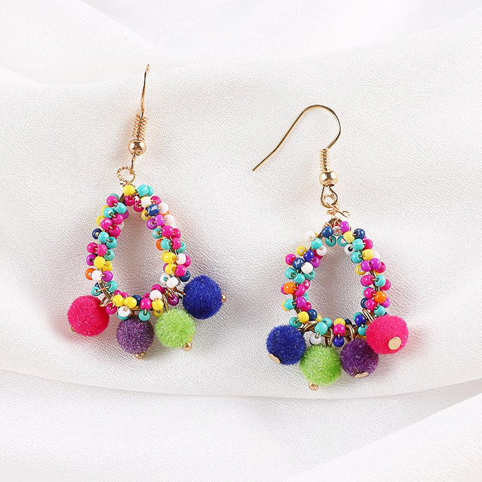 Creative Boho Beaded Hair Ball Handmade Earrings