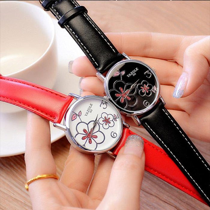 Women Watches Yazole Fashion Leather OL Style Plum Ladies Flower Quartz Watch