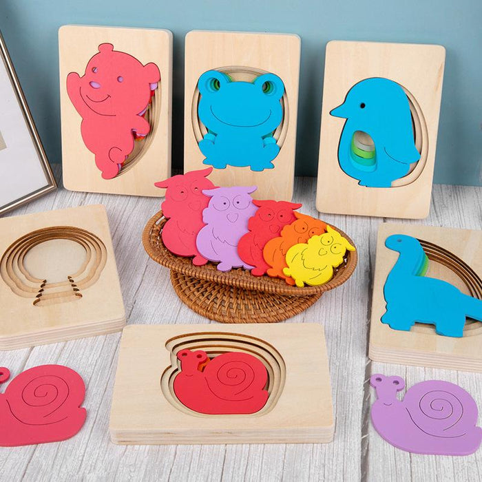 Children's Cartoon Five-layer Animal Rainbow Puzzle Wooden Toy