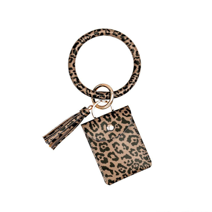 Bracelet Keychain Leopard PU Leather Fringe Card Wallet Wrist Key Chain