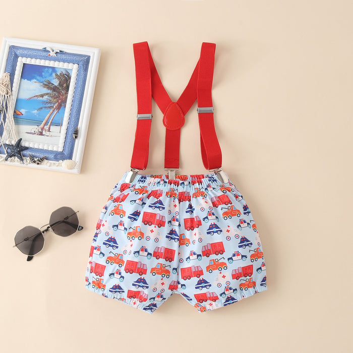 Short sleeve strap cartoon car shorts two piece set