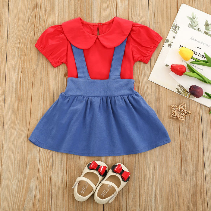 Solid color Short Sleeve Ruffle collar top denim strap skirt