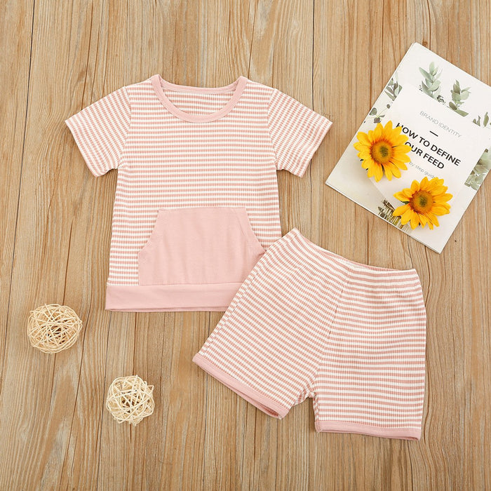 Pit stripe short sleeve top pocket solid shorts two piece set