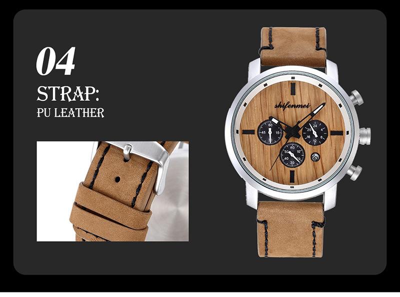 New Multifunctional Timing Fashion Sports Quartz Wood Watch Men