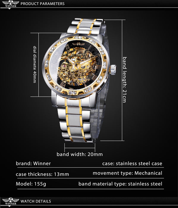 Winner Watch Men's Fashion Casual Hollow Rhinestone Manual Mechanical Watch