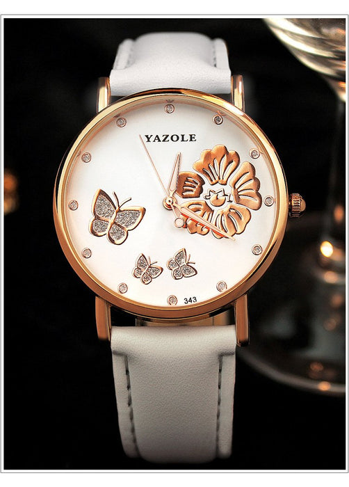 Fashion Yazole Butterfly Flower Bling Genuine Leather Quartz Wedding Women Wristwatches