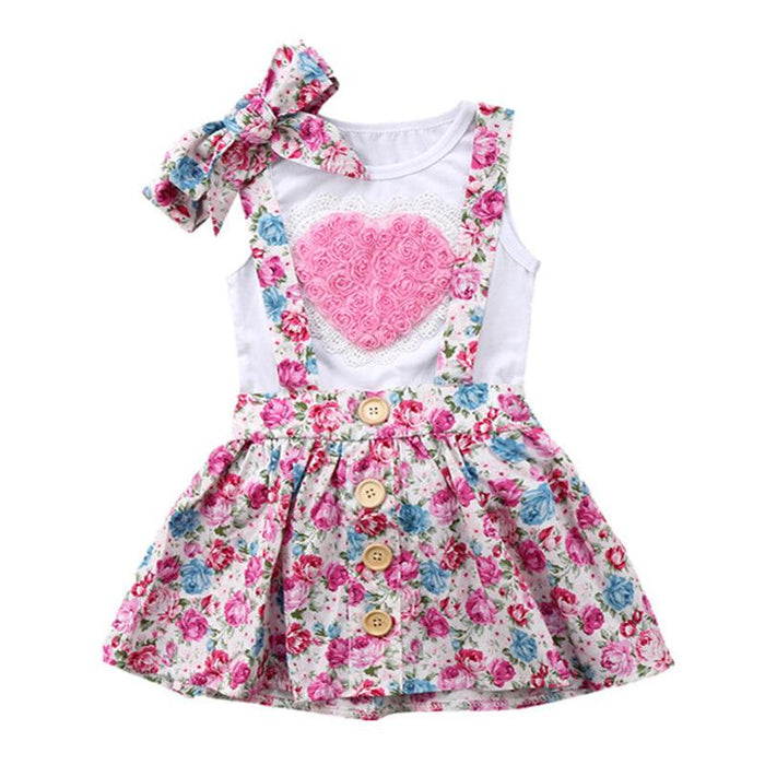 Love floral splicing Vest + floral suspender skirt + 3-piece set of hair accessories