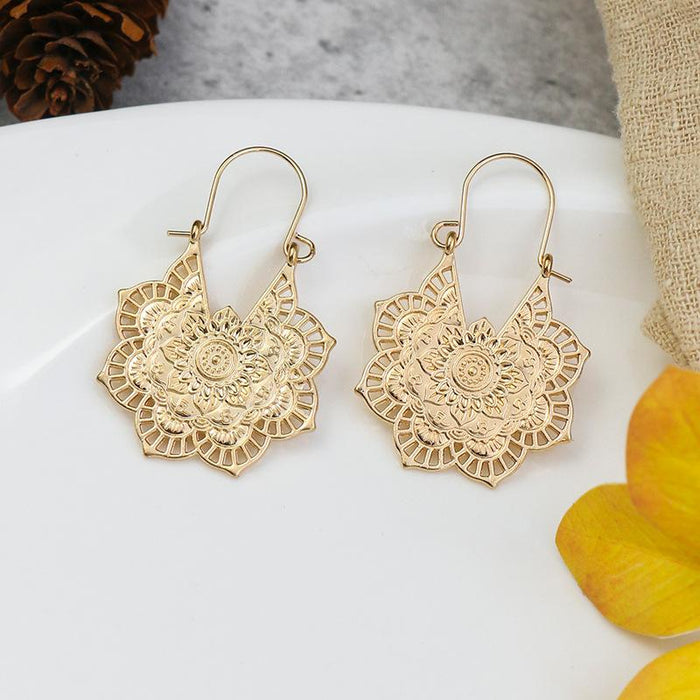 National Style Metal Hollowed Out Flower Earrings Jewelry