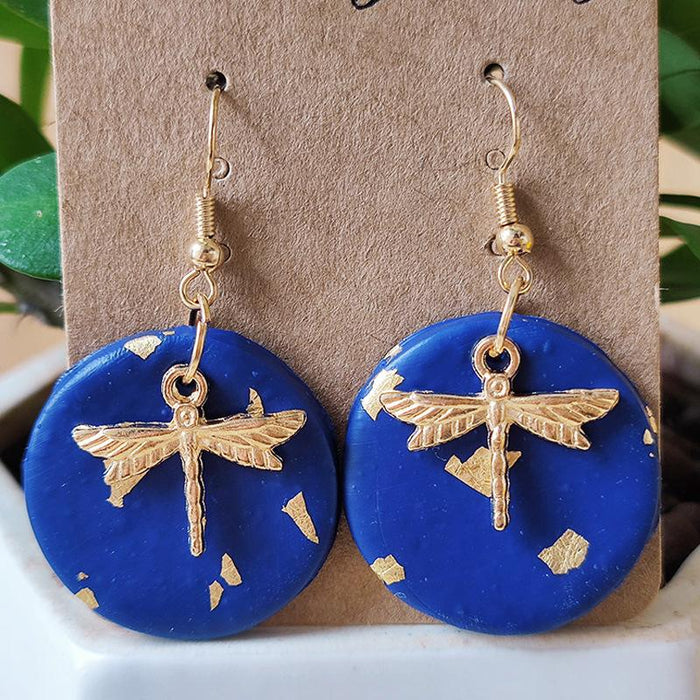 Handmade Dragonfly Gold Foil Advanced Vintage Round Soft Pottery Earrings