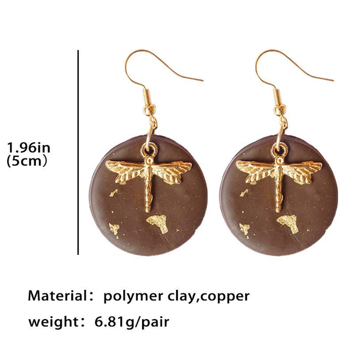 Handmade Dragonfly Gold Foil Advanced Vintage Round Soft Pottery Earrings