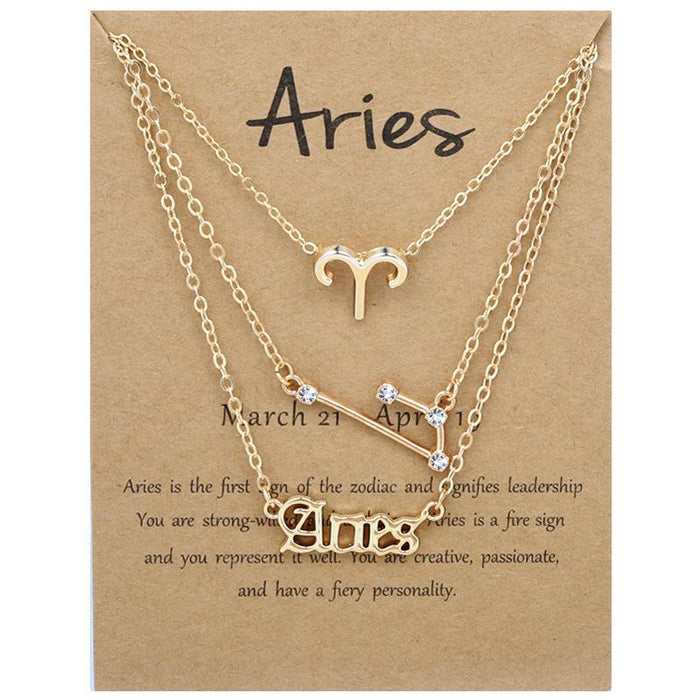 Twelve Constellations Retro Alphabet Symbol Diamond Set Three Piece Necklace