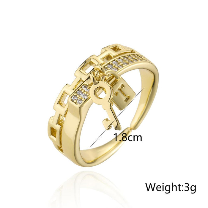 Mechanical Style Chain Key Lock Geometric Opening Ring