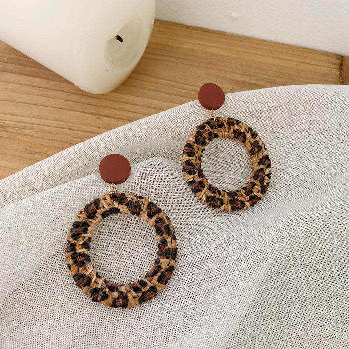 colourful Leopard Print Fashion Hand Woven Exaggerated Rattan Earrings Jewelry