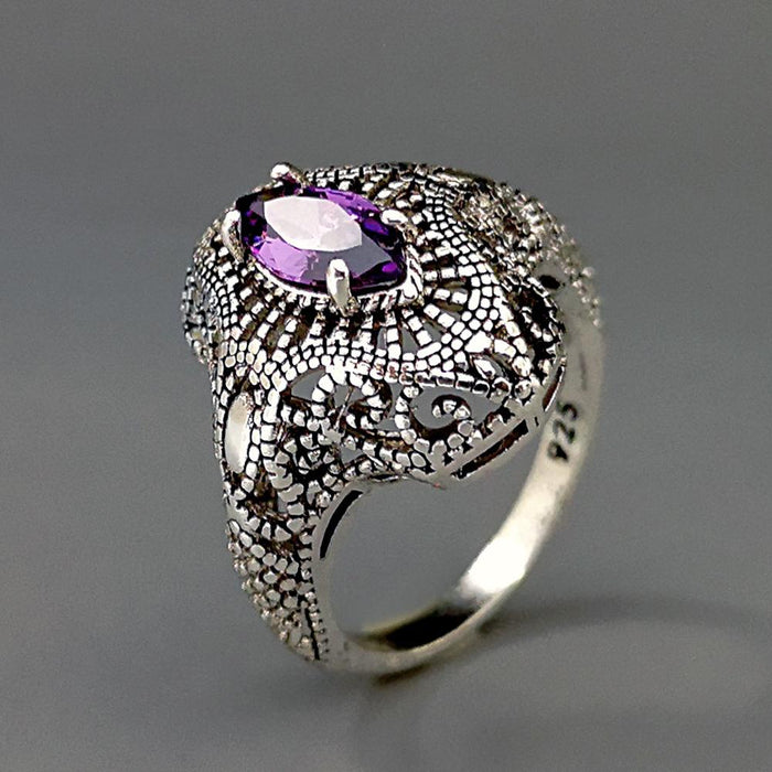 Fashion Vintage Hollow Out 925 Silver Amethyst Ring