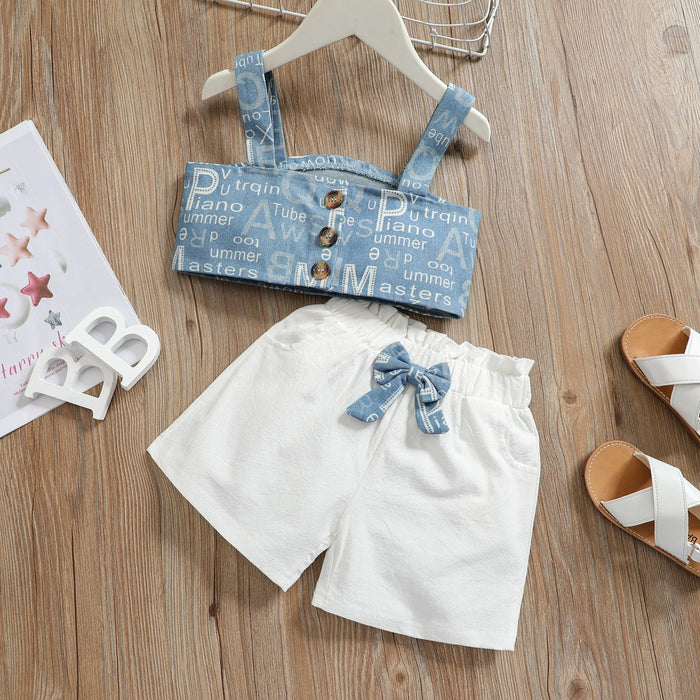 Girls' blue letter single breasted suspender blouse