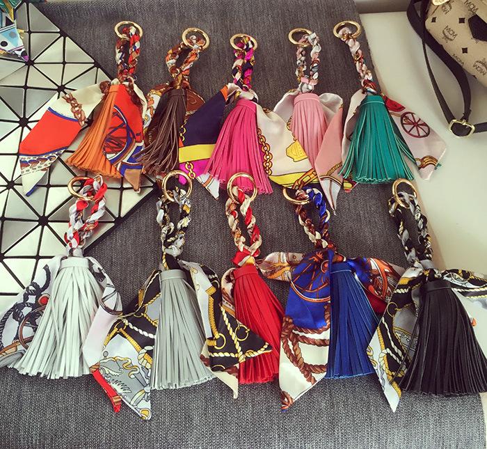 Leather Silk Scarf Tassel Bag Pendant Keychain