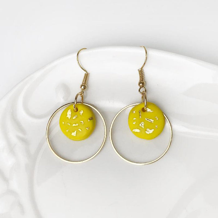 Geometric Metal Soft Pottery Round Pendant Gold Foil Texture Earrings