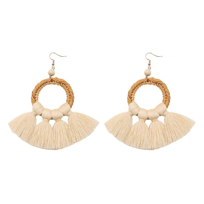 Bohemian Cotton Thread Tassel Handmade Rattan Woven Earrings