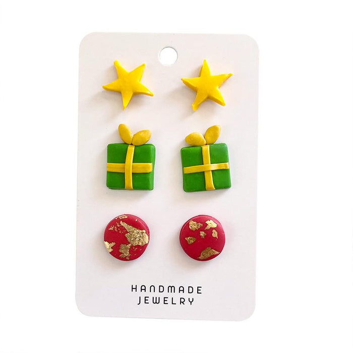 Soft pottery Snowman star gold foil simple handmade earrings set