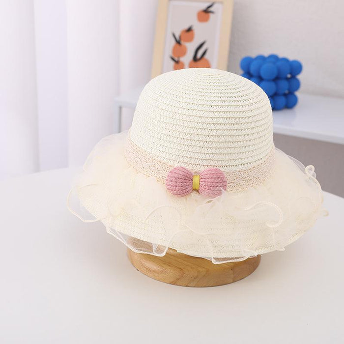 Summer Children's Lace Bow Grass Bucket Hat Bag Set