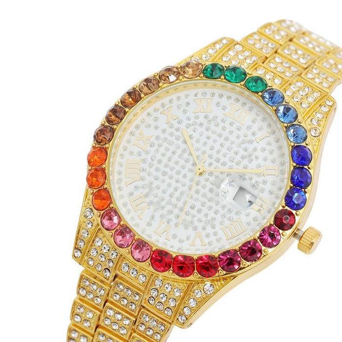 New Full Sky Star Steel Band Color Diamond Calendar Quartz Watch Llz20802