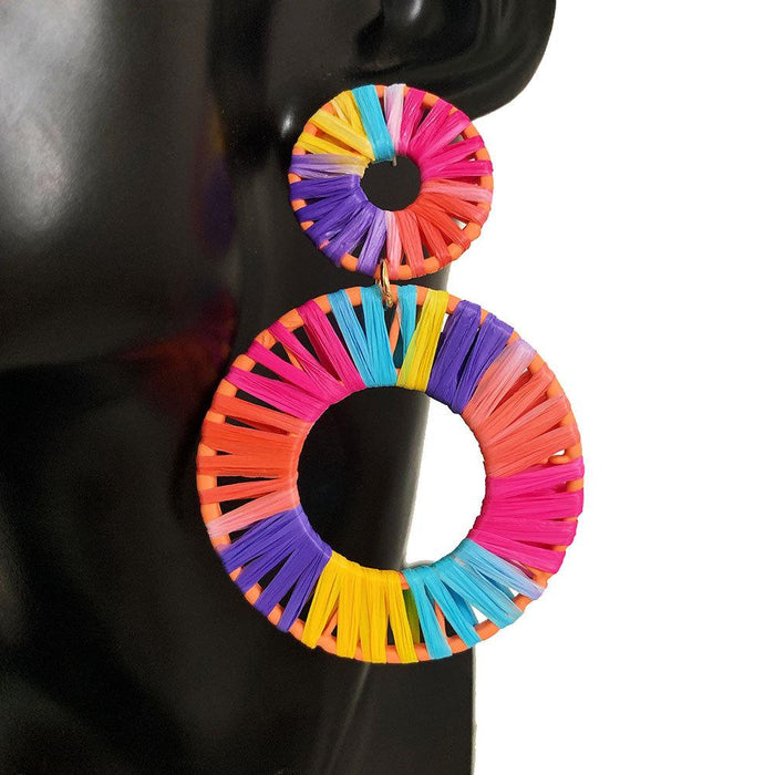 colourful Lafite Woven Geometric Double Round Earrings Jewelry