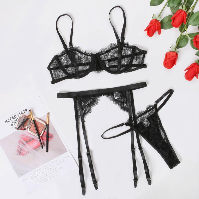 Women's Lace Hollow Sexy Lingerie Three Piece Set