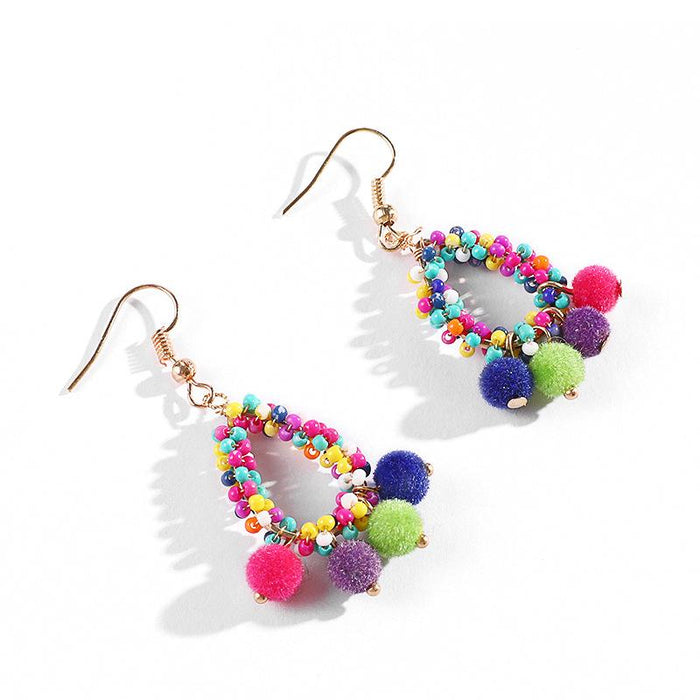 Creative Boho Beaded Hair Ball Handmade Earrings