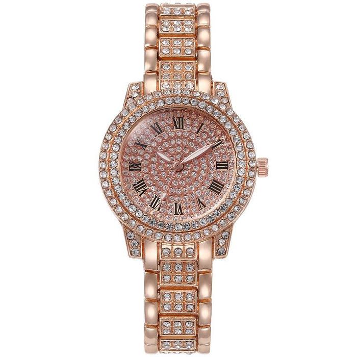 Leisure Full Diamond Retro Roman Disc Steel Band Watch Llz20797