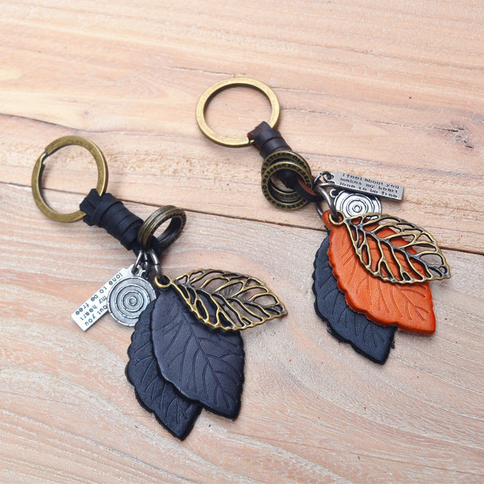 Creative Keychains men's and women's small gift leather leaf Vintage woven Keychains