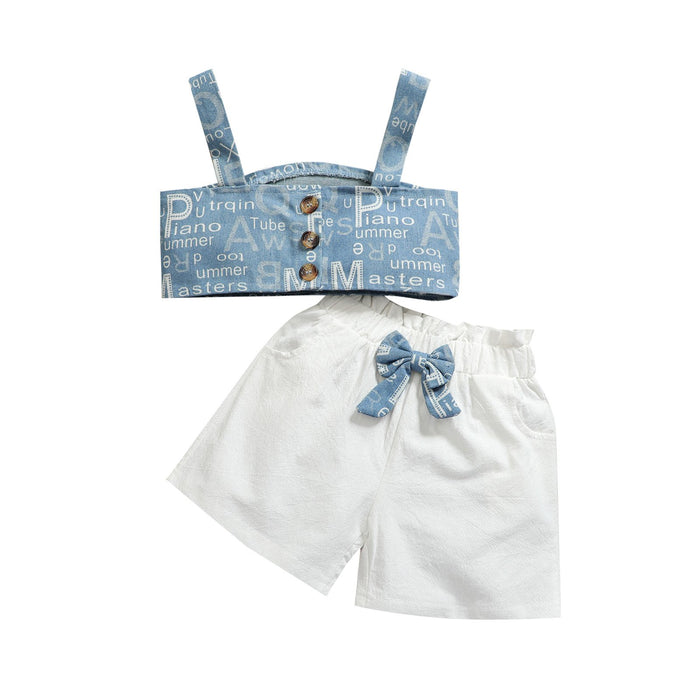 Girls' blue letter single breasted suspender blouse