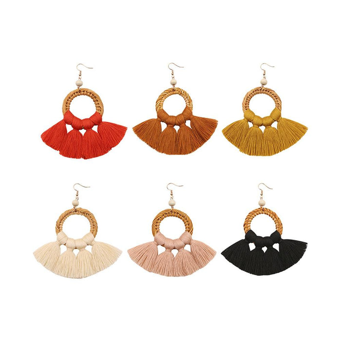 Bohemian Cotton Thread Tassel Handmade Rattan Woven Earrings