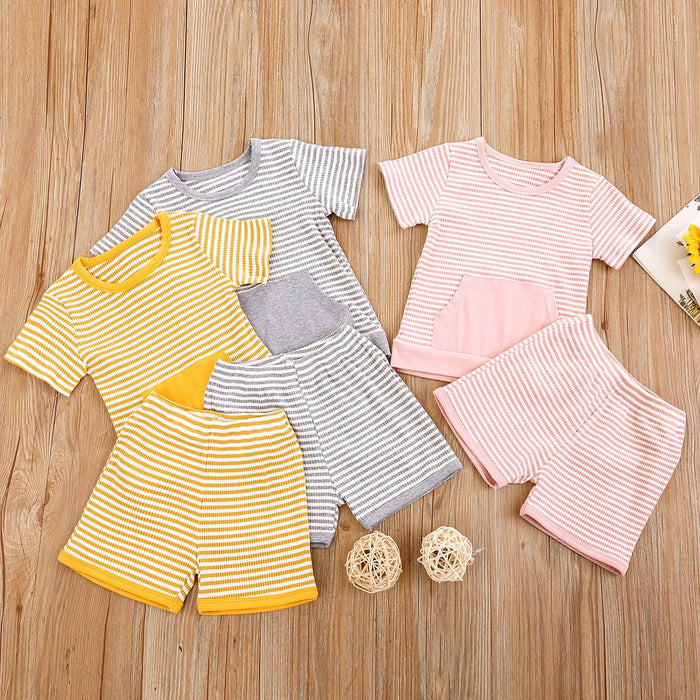 Pit stripe short sleeve top pocket solid shorts two piece set