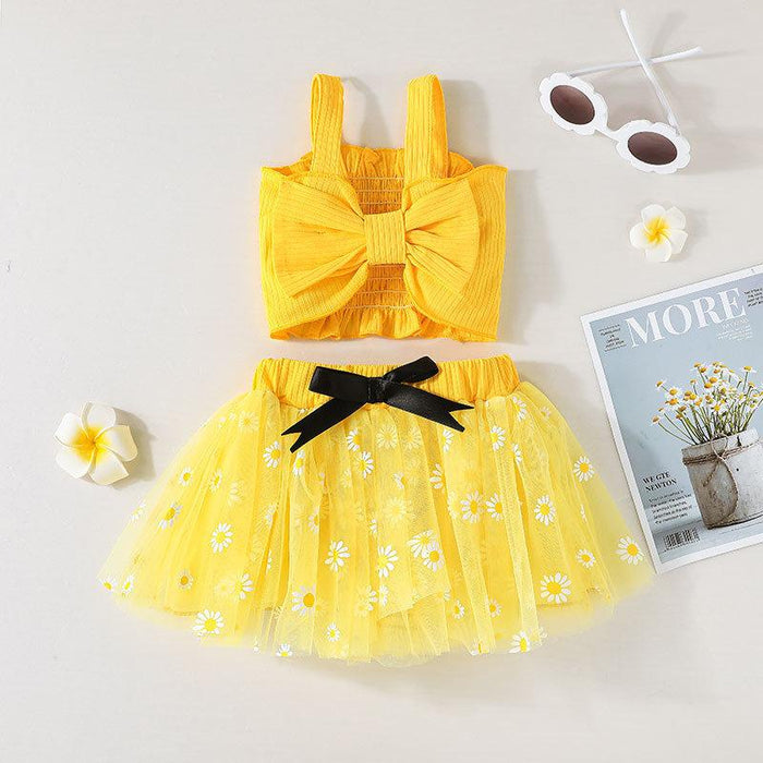 Summer Girls Mesh Skirt Sweet Baby Suspender + Printed Skirt Two-piece Set