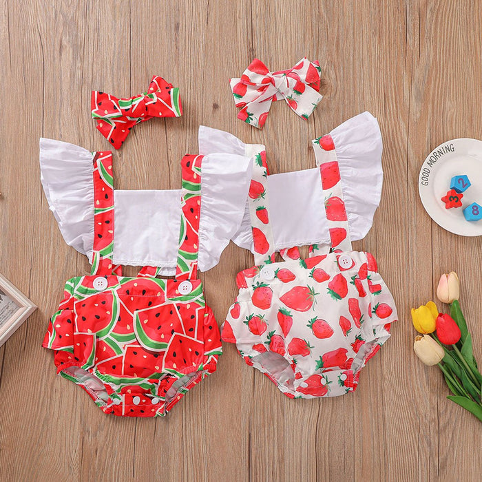 Watermelon strawberry printed baby backless lace up climbing suit two piece set