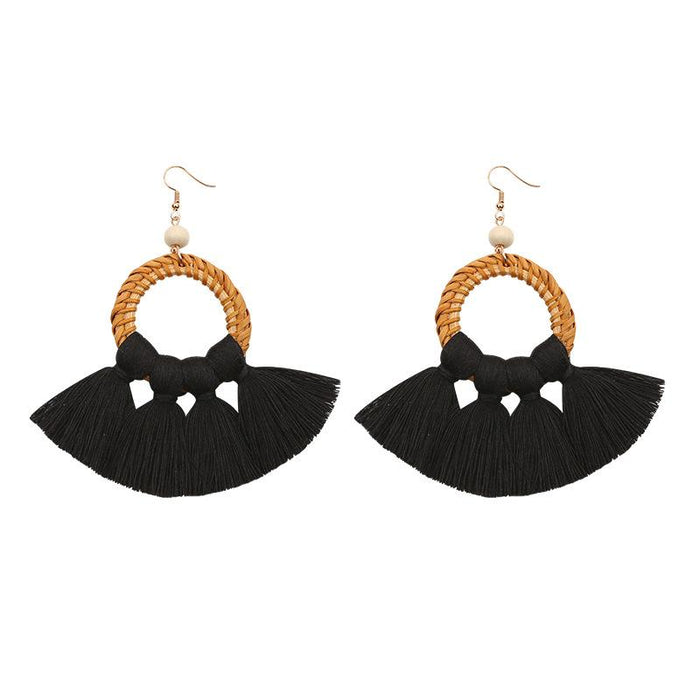 Bohemian Cotton Thread Tassel Handmade Rattan Woven Earrings