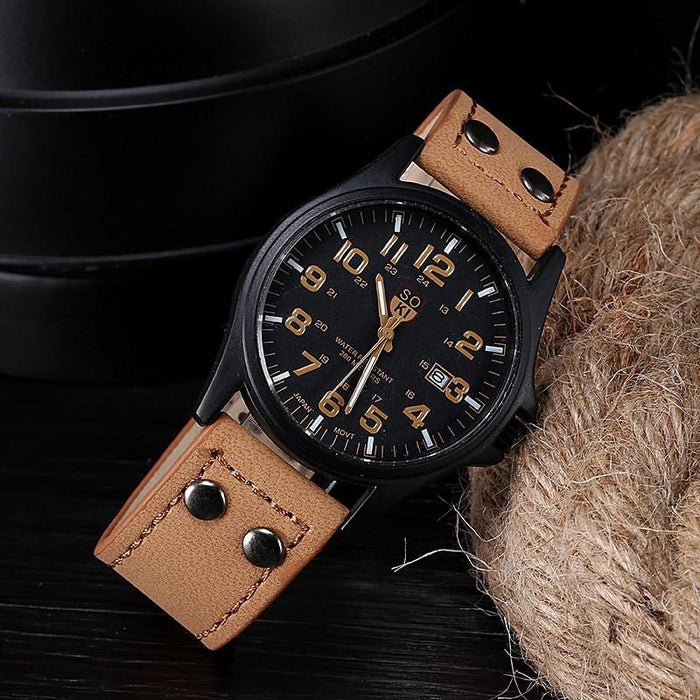 SOKI Men Watches Casual Leather Strap Number Dial Quartz Wristwatch