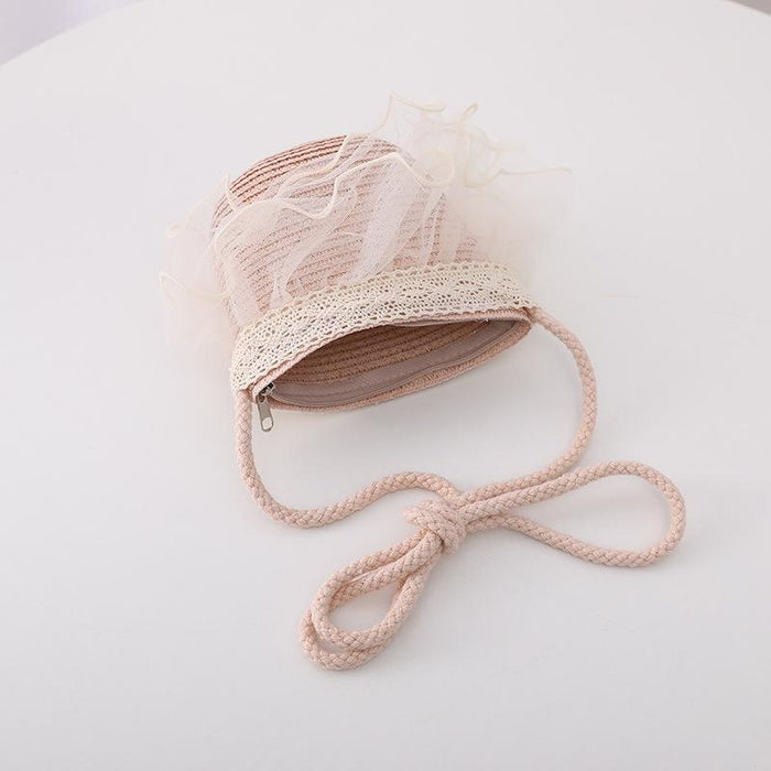 Summer Children's Lace Bow Grass Bucket Hat Bag Set